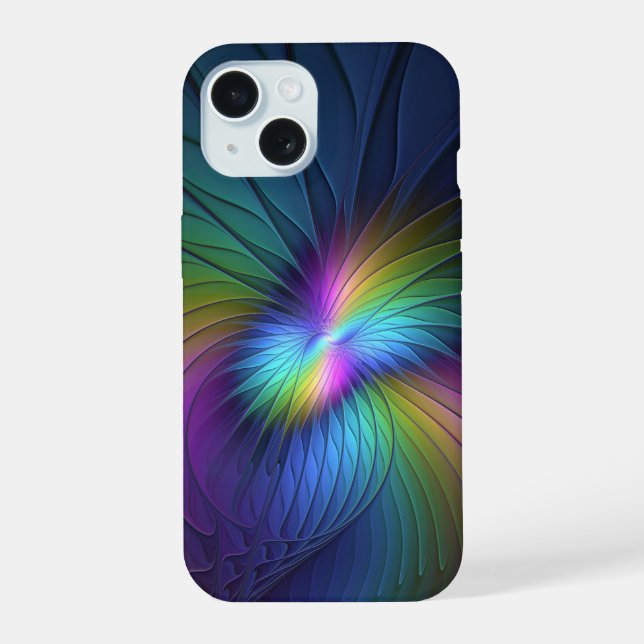 Farbenfroh mit blauem, modernem Abstraktem Fraktal iPhone 15 Hülle (Rückseite)