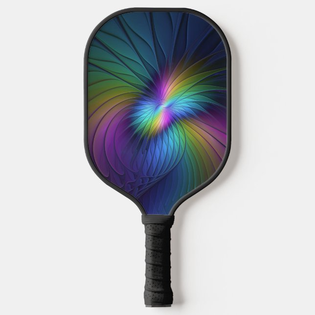 Farbenfroh mit blauem, modernem Abstraktem Fraktal Pickleball Schläger (Vorderseite)
