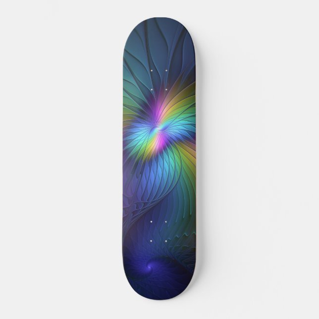 Farbenfroh mit blauem, modernem Abstraktem Fraktal Skateboard (Vorderseite)