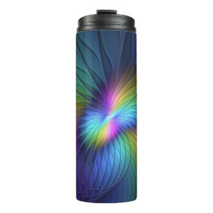 Farbenfroh mit blauem, modernem Abstraktem Fraktal Thermosbecher
