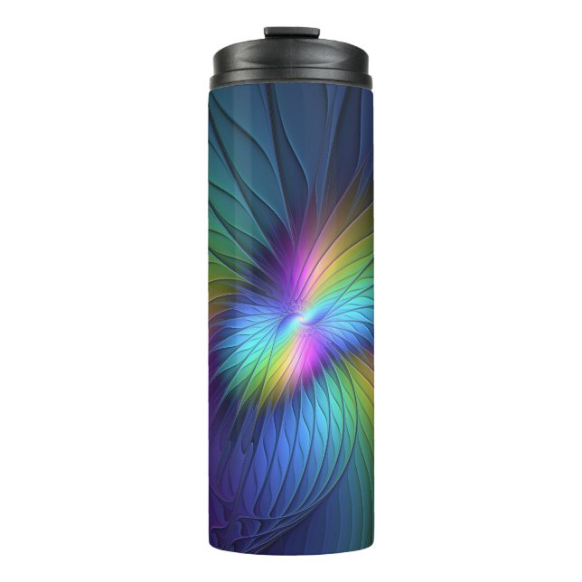 Farbenfroh mit blauem, modernem Abstraktem Fraktal Thermosbecher (Vorderseite)