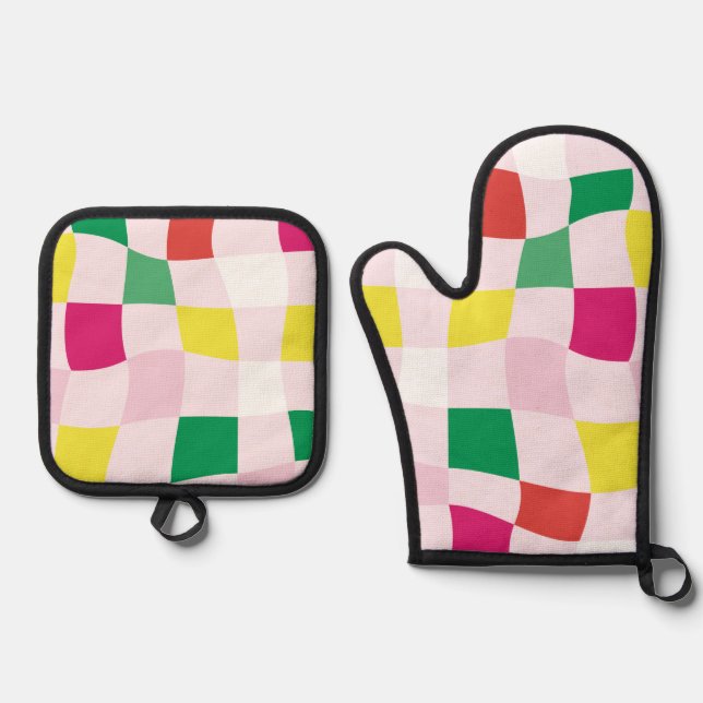 Farbenfroh, modern rosa Kariertes Weihnachtsgrün Ofenhandschuh & Topflappen-Set (Vorderseite)