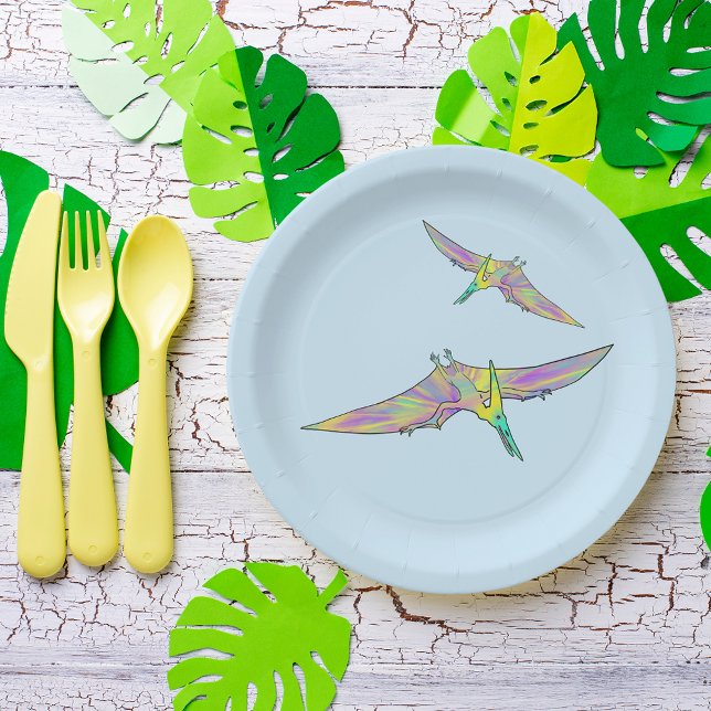 Farbenfroh Pterodactyl Funny Niedlich Dinosaurier  Pappteller (Dinosaurs flying colorful pterodactyl watercolor party paper plates)