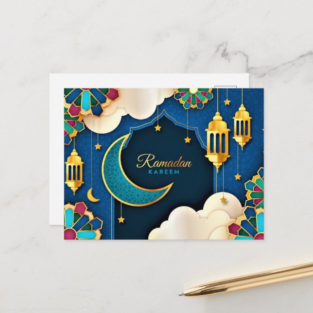 farbenfroh Ramadan Kareem Gold Crescent Postkarte (Vorderseite/Rückseite Beispiel)