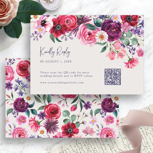 Farbenfroh RSVP Karte (Elegant Colorful Watercolor Floral RSVP Card with QR Code by Painted Paperie
)