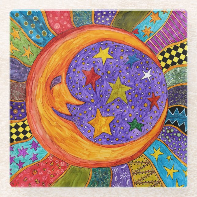 Farbenfroh, Sonne, Mond und Sterne Untersetzer (Vorderseite)