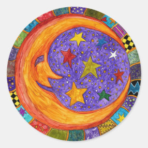 Farbenfroh, Sonne, Mond und Sterne Untersetzer Runder Aufkleber