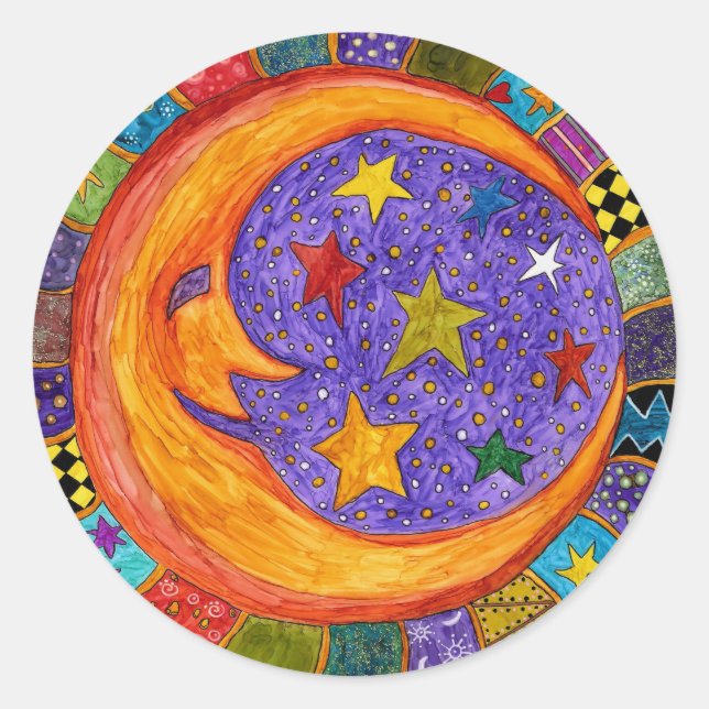 Farbenfroh, Sonne, Mond und Sterne Untersetzer Runder Aufkleber (Vorderseite)