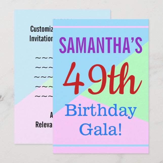 Farbenfroh, Spaß "49. Geburtstaggala!" Einladung (Vorne/Hinten)