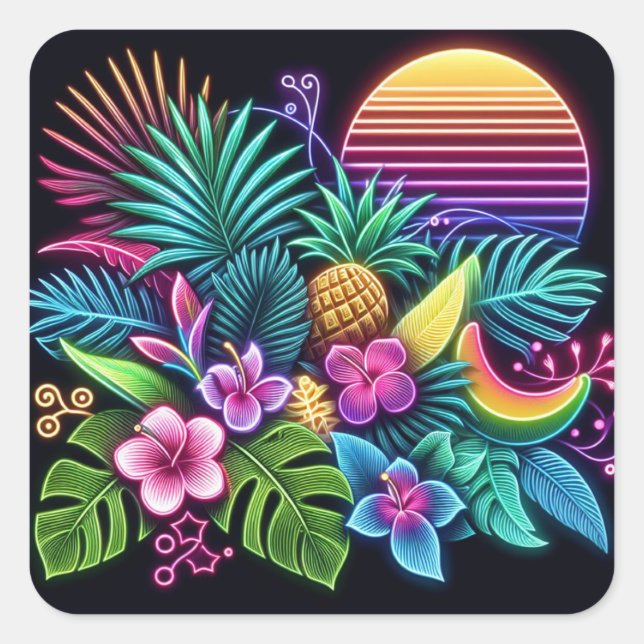 Farbenfroh, tropisch/hawaiisch quadratischer aufkleber (Vorderseite)