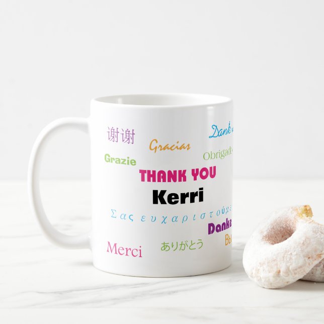 Farbenfroh Vielen Dank, viele Sprachen personalisi Kaffeetasse (Mit Donut)