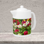 Farbenfroh Zinnia Blooms<br><div class="desc">Weiße Teekanne mit Deckel,  die ein umgehendes Foto von einem Sommergarten mit bunten Zinnia Blüten zeigt,  wobei die Farbtöne vorwiegend rot-weiße Blume sind. Ein schönes,  blumengeschmücktes Design!</div>