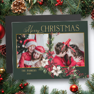 Farbenfrohe 2-Foto Frohe Weihnachten Poinsettien Magnetkarte