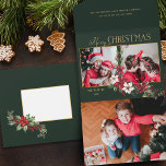 Farbenfrohe 2-Foto Frohe Weihnachtsfeier Poinsetti All In One Einladung<br><div class="desc">Feierliche und farbenfrohe Urlaubsgestaltung mit zwei Fotovorlagen mit individuellem Gold Merry Christmas Text Grafik mit einem Spray von traditionellen Weihnachtspoinsettias und heilig auf einem grünen Hintergrund.</div>