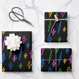 Farbenfrohe 80er Jahre Retro Neon Blitze Muster Geschenkpapier Set