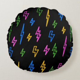 Farbenfrohe 80er Jahre Retro Neon Blitze Muster Rundes Kissen