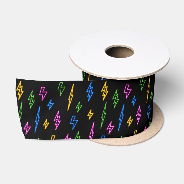 Farbenfrohe 80er Jahre Retro Neon Blitze Muster Satinband (Spule)