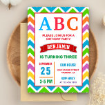 Farbenfrohe ABC Kids Alphabet Geburtstagsparty Einladung<br><div class="desc">Erleben Sie Ihren Gast mit diesem niedlichen Alphabet-Thema Geburtstagsfeier mit lebendiger Typografie und einem Zickzack Musterrahmen. Fügen Sie einfach Ihre Veranstaltungsdetails zu dieser einfach zu bedienenden Vorlage hinzu,  um sie zu einer einmaligen Einladung zu machen.</div>