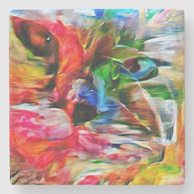 Farbenfrohe Abstrakte Ausdrucksform Cat Art Print Steinuntersetzer (Vorderseite)