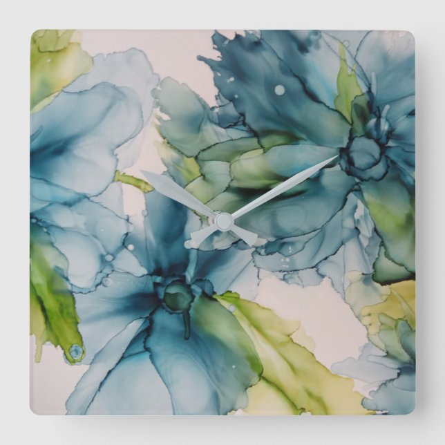 Farbenfrohe Abstrakte Blau- und Grüne Blumenkunst Quadratische Wanduhr (Vorderseite)