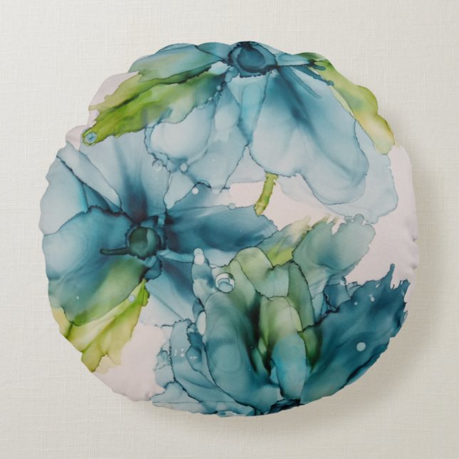 Farbenfrohe Abstrakte Blau- und Grüne Blumenkunst Rundes Kissen (Vorderseite)