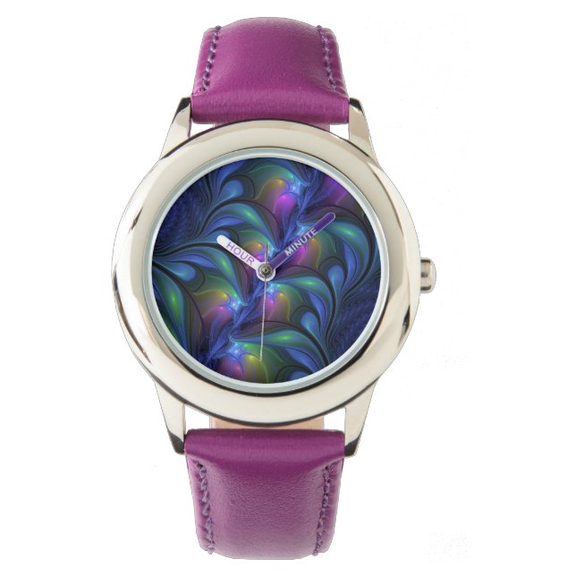 Farbenfrohe Abstrakte blaurosa grünes Fraktal Armbanduhr (Vorderseite)