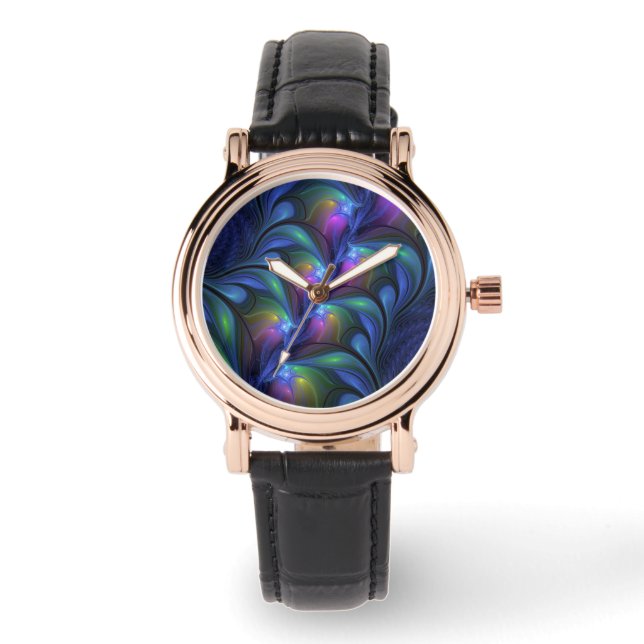 Farbenfrohe Abstrakte blaurosa grünes Fraktal Armbanduhr (Vorderseite)