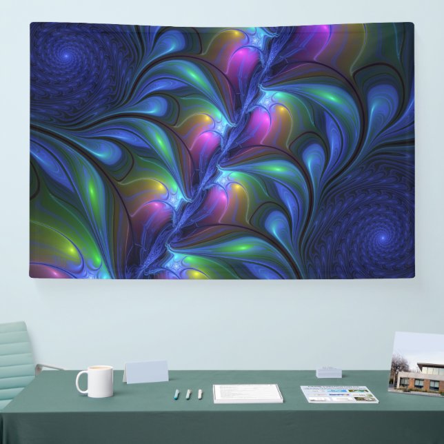 Farbenfrohe Abstrakte blaurosa grünes Fraktal Banner (Messe)