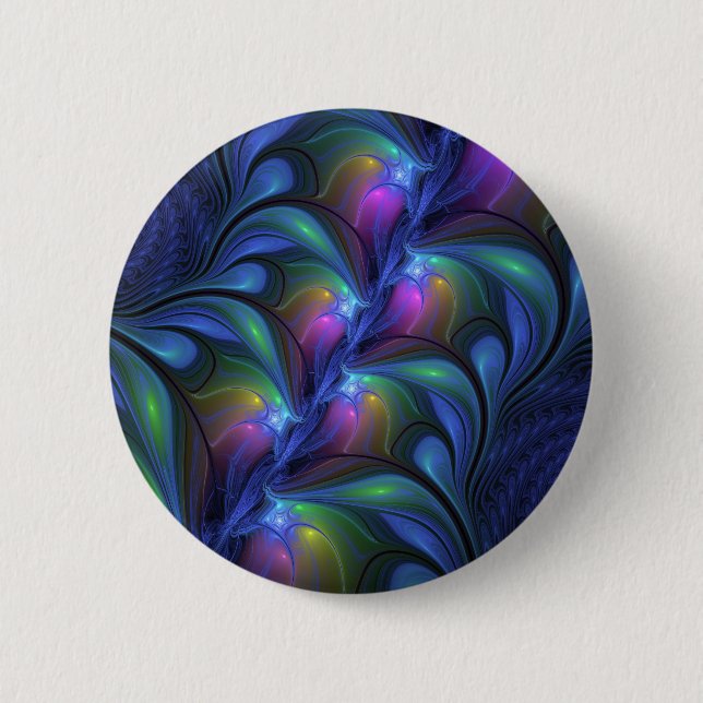 Farbenfrohe Abstrakte blaurosa grünes Fraktal Button (Vorderseite)