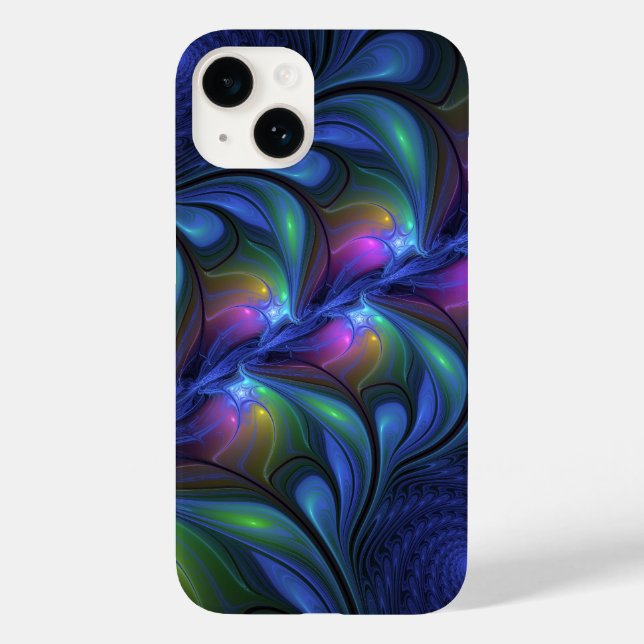 Farbenfrohe Abstrakte blaurosa grünes Fraktal Case-Mate iPhone 14 Hülle (Rückseite)