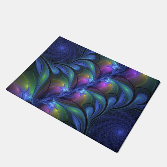 Farbenfrohe Abstrakte blaurosa grünes Fraktal Fußmatte (Schrägansicht)