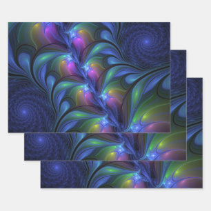 Farbenfrohe Abstrakte blaurosa grünes Fraktal Geschenkpapier Set