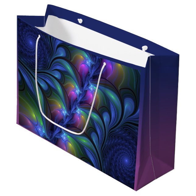 Farbenfrohe Abstrakte blaurosa grünes Fraktal Große Geschenktüte (Vorderseite Schrägansicht)