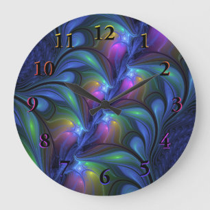Farbenfrohe Abstrakte blaurosa grünes Fraktal Große Wanduhr