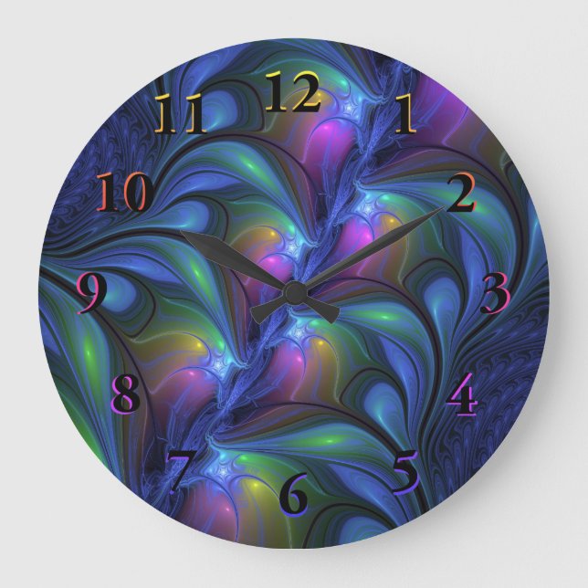 Farbenfrohe Abstrakte blaurosa grünes Fraktal Große Wanduhr (Vorderseite)