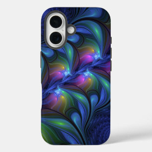 Farbenfrohe Abstrakte blaurosa grünes Fraktal iPhone 16 Hülle