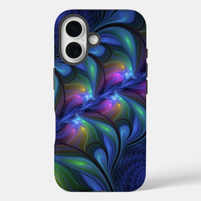 Farbenfrohe Abstrakte blaurosa grünes Fraktal iPhone 16 Hülle (Rückseite)