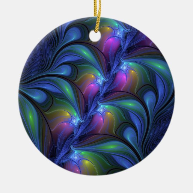 Farbenfrohe Abstrakte blaurosa grünes Fraktal Keramik Ornament (Vorne)