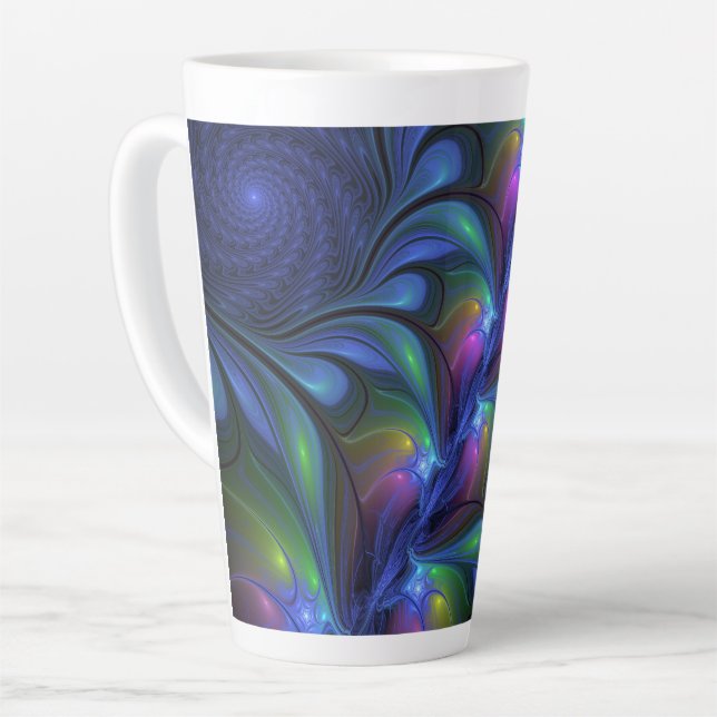 Farbenfrohe Abstrakte blaurosa grünes Fraktal Milchtasse (Linke Ecke)