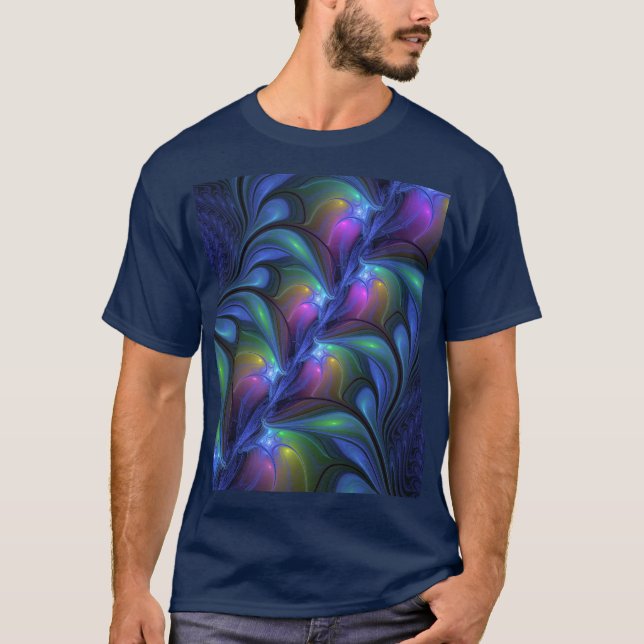 Farbenfrohe Abstrakte blaurosa grünes Fraktal T-Shirt (Vorderseite)
