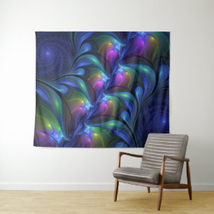 Farbenfrohe Abstrakte blaurosa grünes Fraktal Wandteppich