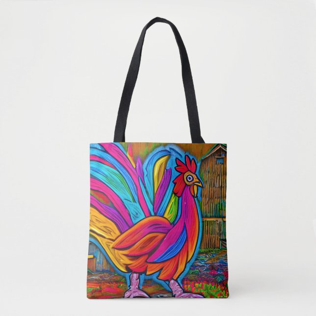Farbenfrohe Abstrakte Cartoon-Stall-Rooster Tasche (Vorderseite)