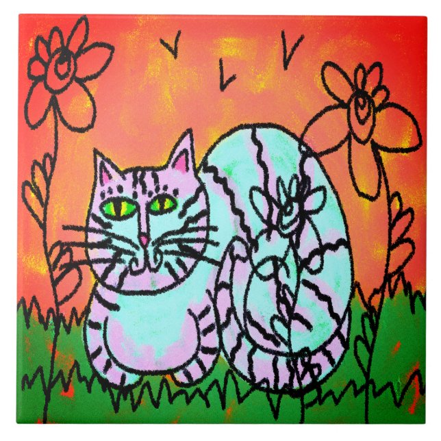 Farbenfrohe Abstrakte digitale Katzenmalerei Fliese (Vorderseite)