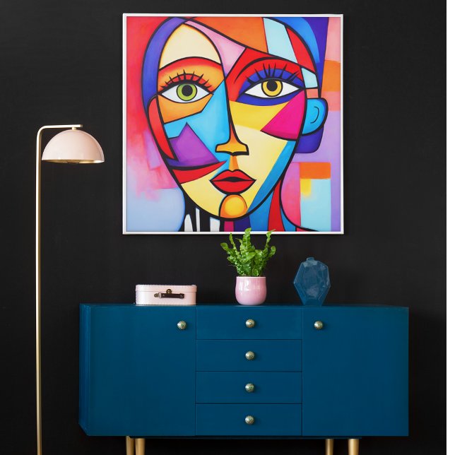 Farbenfrohe Abstrakte Gesichter Kubismus Poster (Colorful Cubism Abstract Face Art – Modern Geometric Wall Poster)