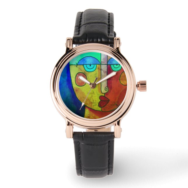 Farbenfrohe Abstrakte Gesichtserkennung Kunst Armbanduhr (Vorderseite)