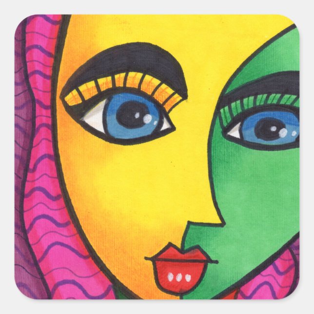Farbenfrohe Abstrakte Girl Face Quadratischer Aufkleber (Vorderseite)
