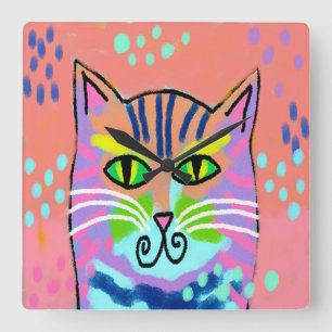 Farbenfrohe Abstrakte Kunst Cat Wall Clock Quadratische Wanduhr