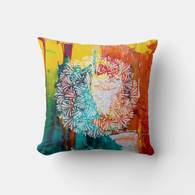 Farbenfrohe, Abstrakte Malerei mit Petal Mandala Kissen (Vorderseite)