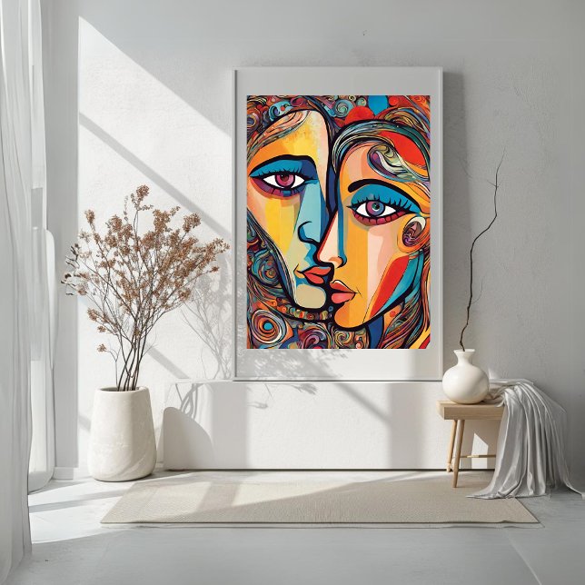 Farbenfrohe Abstrakte Mann Frau Coole Gesichtspops Poster (Colorful Abstract Man Woman Cool Face Poster)