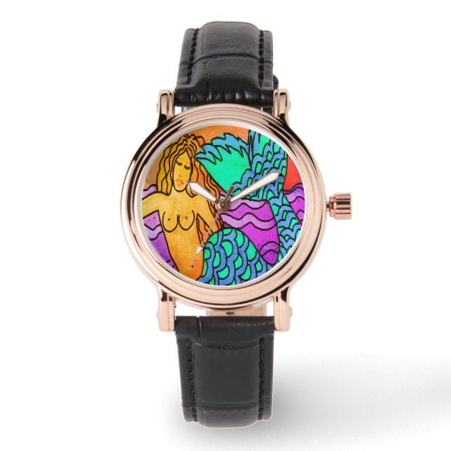 Farbenfrohe Abstrakte Meerjungfrau Kunst Armbanduhr (Vorderseite)